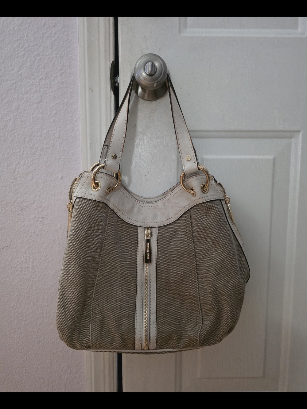 Michael Kors Beige Canvas Shoulder Bag with Cream Trim